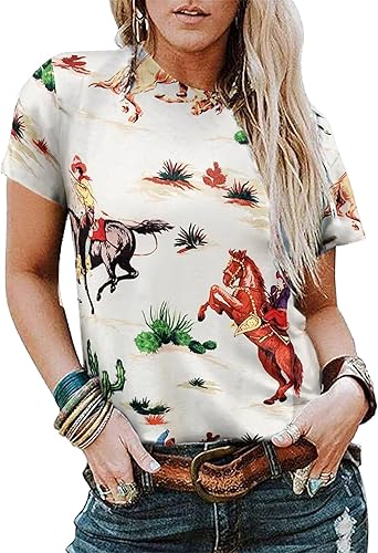 Western Cactus Horse T-Shirt Cactus Shirts for Women Desert Horse Graphic Tee Ca