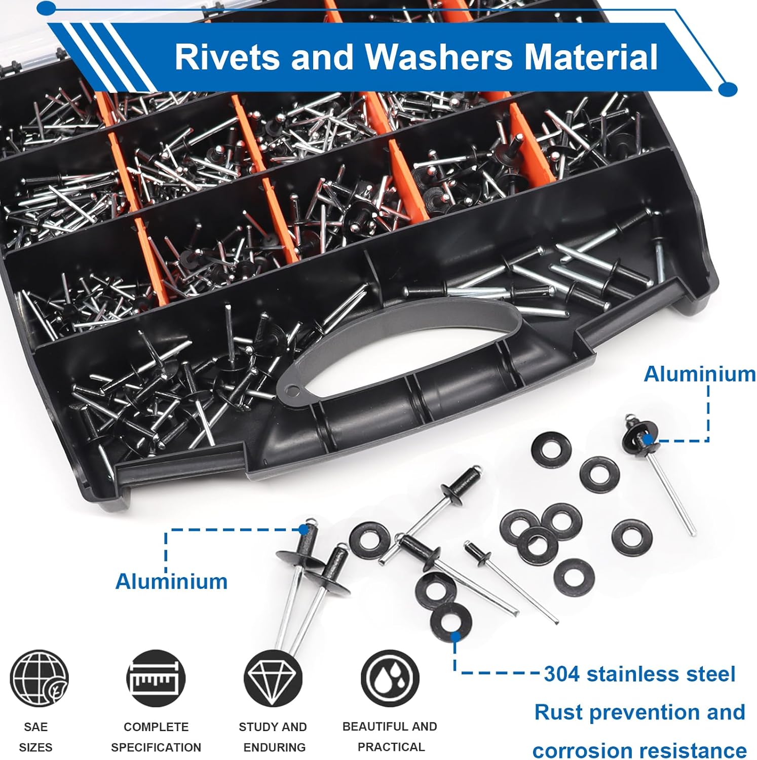 smseace Black, Silver(Can Choose) Pop Rivet Gun Kit Black Pop Rivets, Large Flange Rivets, Washers and Rivets Gun Tool Packed in Portable Toolbox with Color Label