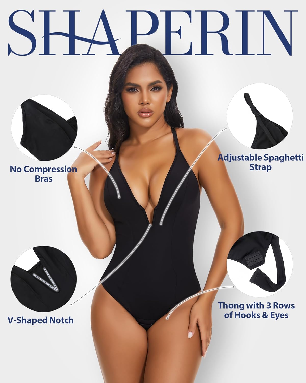 SHAPERIN Bodysuit for Women Shapewear Tummy Control Deep V Neck Plunge Sleeveless Backless Thong Body Suit Tank Top - Image 3