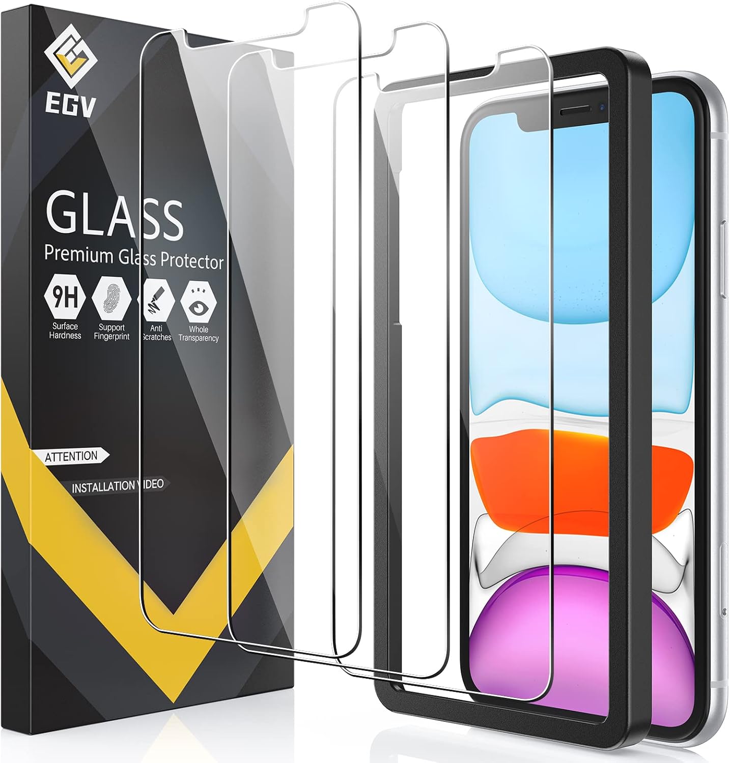 4 Pack EGV 2 Pack Screen Protector & 2 Pack Camera Lens Protector Compatible with iPhone 11 6.1-inch, 9H Hardness Tempered Glass, Easy Installation Tray, HD Ultra-Thin, Case-Friendly
