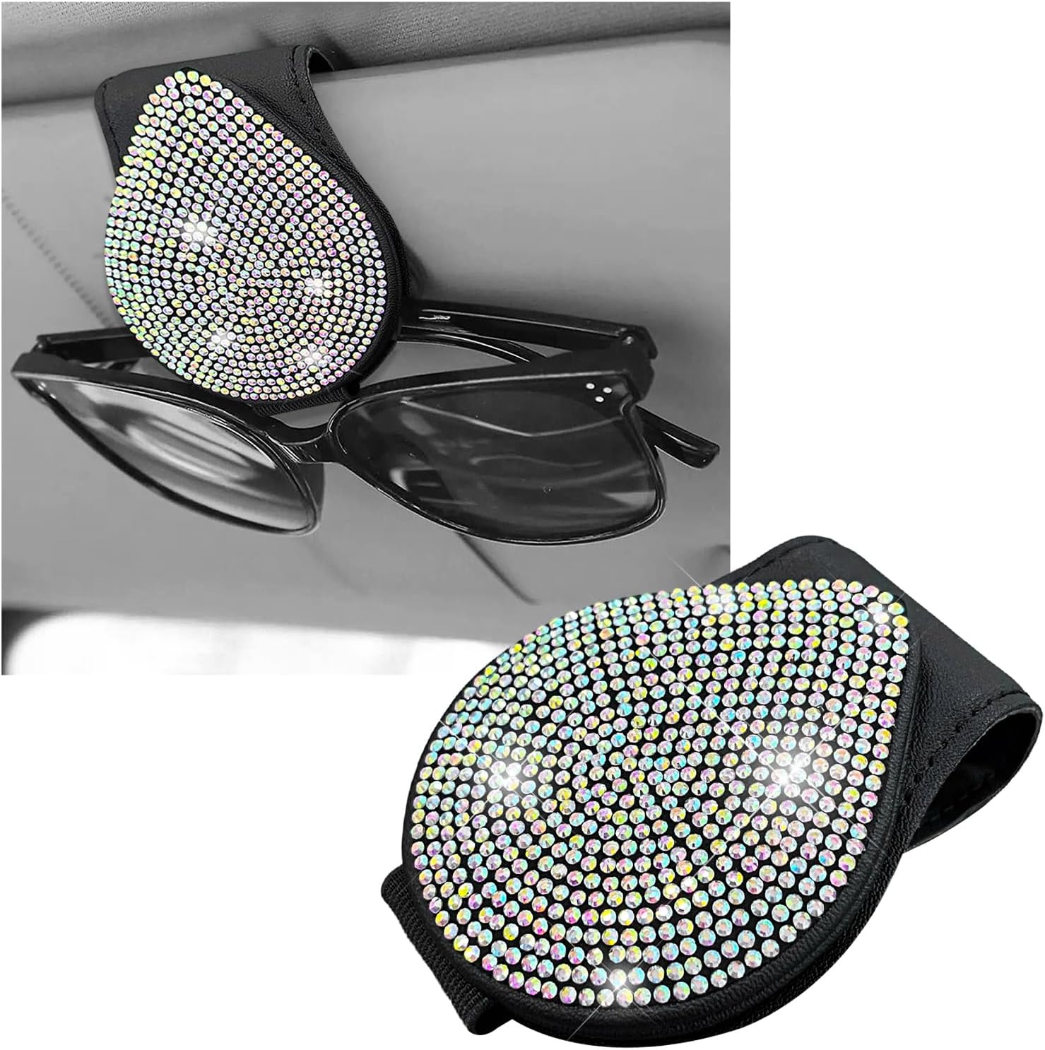KVAEY Bling Sunglass Holder for Car Visor, Magnetic Leather Visor Clip Glasses Holder with Sparkling Rhinestones, Crystal Visor Ticket Card Clip for Women Girls, Car Accessories (Black & Colorful)