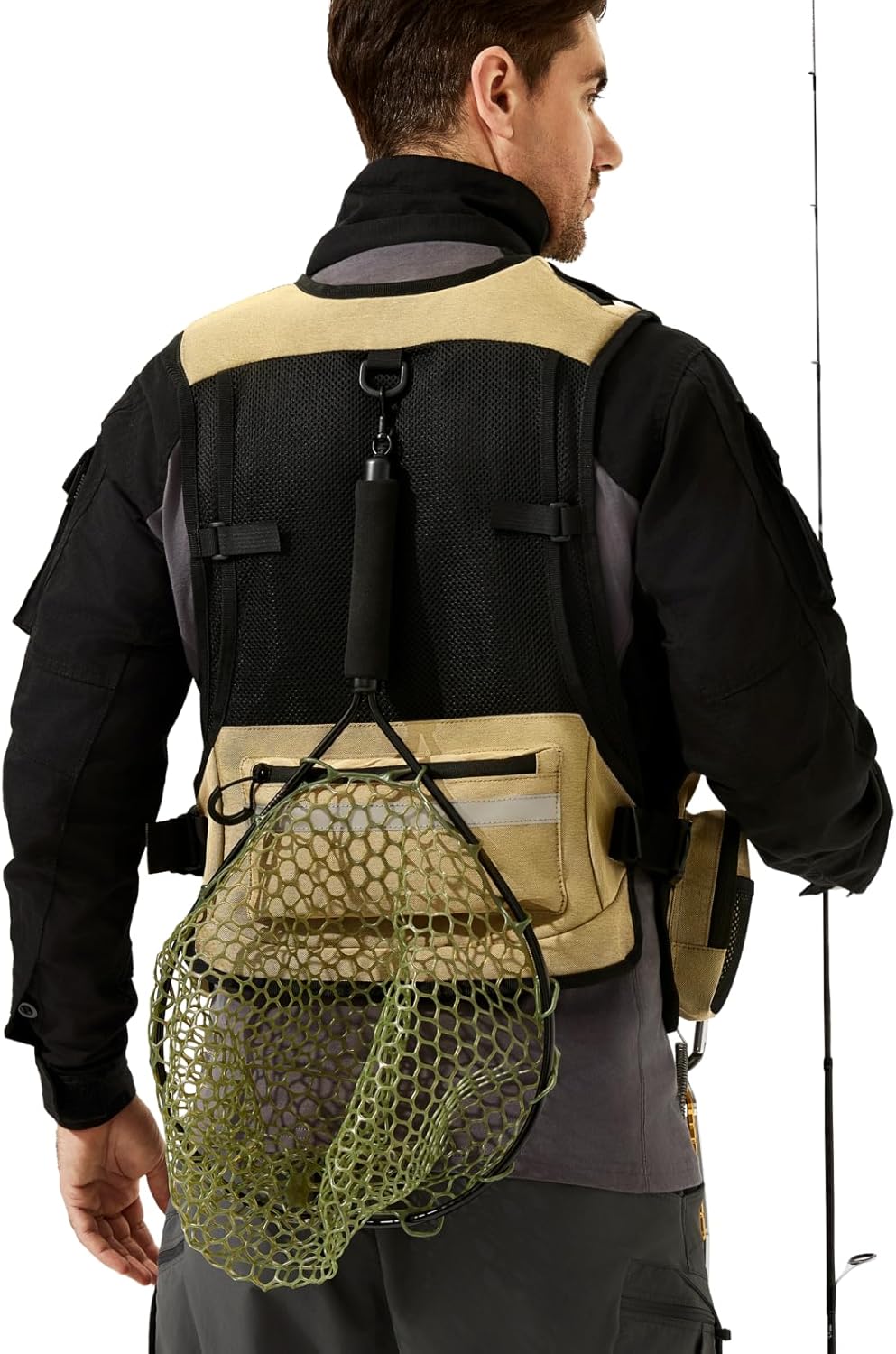 Fly Fishing Vest with Rod Holder and D-Rings - Adjustable Straps, Breathable Mesh Back, Secure Zipper Pockets