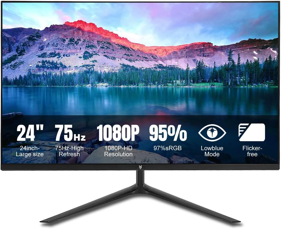 24 Inch Monitor 75Hz Full HD (1920 x 1080), high brightness Gaming Computer Monitors UltraSlim Bezels, Wall Mountable PC Monitors 1080p HDMI VGA, PC Monitor 24 Inch Computer Screen Low Blue Light Lag