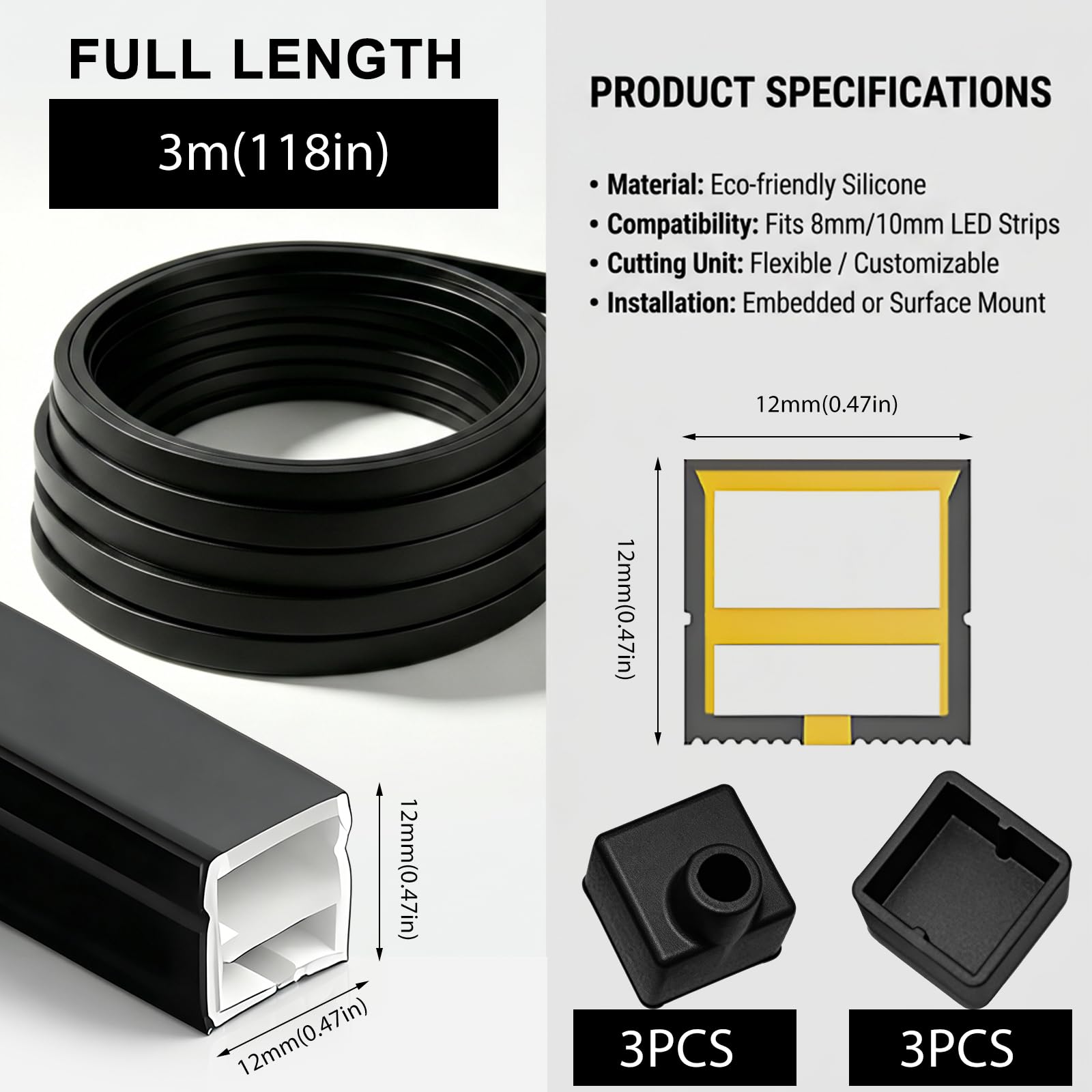 Profilo LED nero, diffusore a binario LED per illuminazione di pannelli acustici, 12 x 12 mm, in silicone flessibile IP65, striscia LED per pannelli acustici, facile montaggio (nero, 3 m)