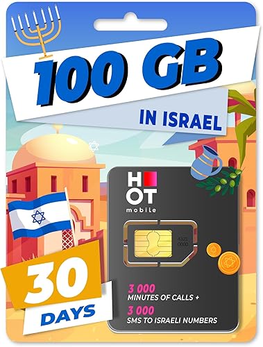 HOT Mobile - Tarjeta SIM prepagada, solo para Israel, 100 GB, 3000 minutos, 3000 SMS, 4G  Velocidad LTE, sin permanencia, suscripciones ni