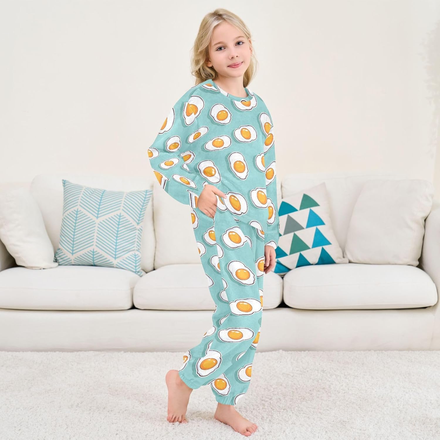 Kids Flannel Sets Fried Egg Pattern Warm Plush Relaxed Clothing for Boys and Girls