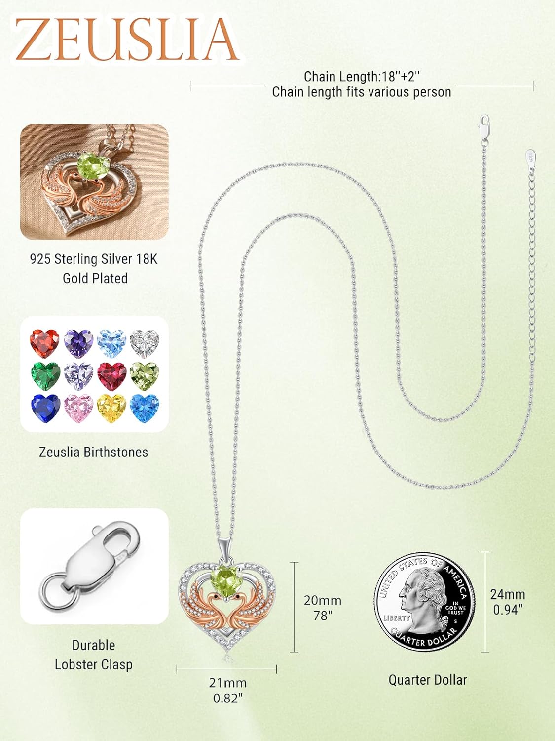 Swan Heart Necklaces for Women, 925 Sterling Silver Heart Jewelry with Birthstone Pendant, Valentines Day Birthday Gifts for Women, 18+2 Inch Chain