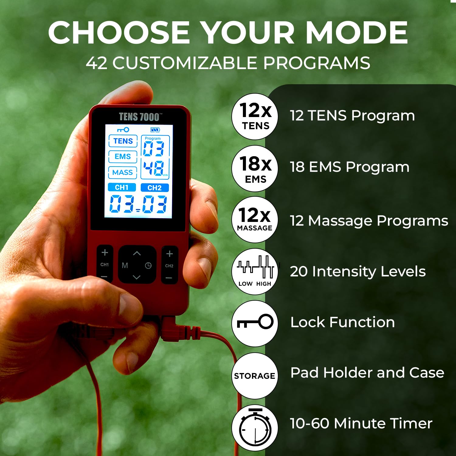 TENS 7000 Sport Athletic Recovery Muscle Stimulator, Back Pain Relief, Sciatica, Neck, Shoulder, Muscle Pain, TENS Unit + EMS + Massage with 42 Built-in Programs, 4 Electrode Pads