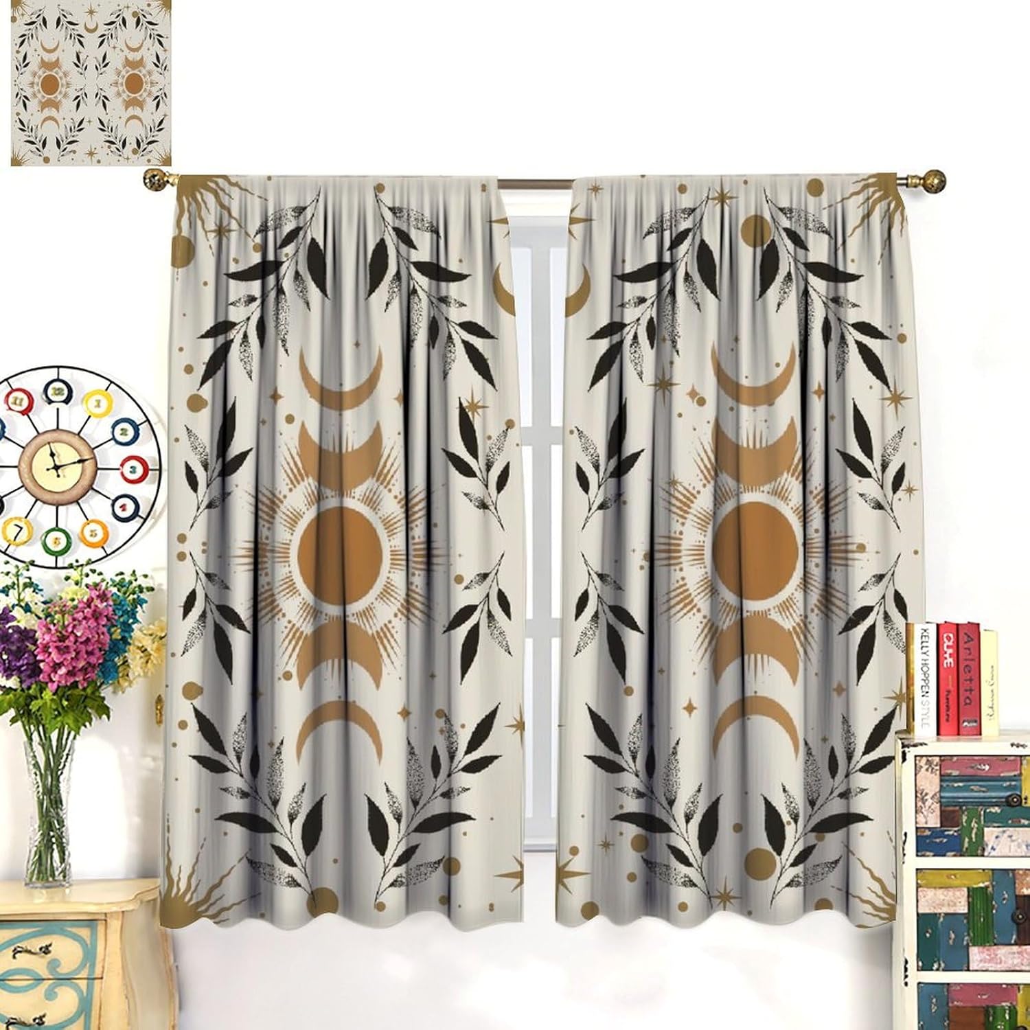 Moon Phase Curtains, Boho Mystic Celestial with Sun Moon Star Window Curtains, Magic Lunar Cycles Drapes for Living Room Bedroom 42x63in (No Blackout)
