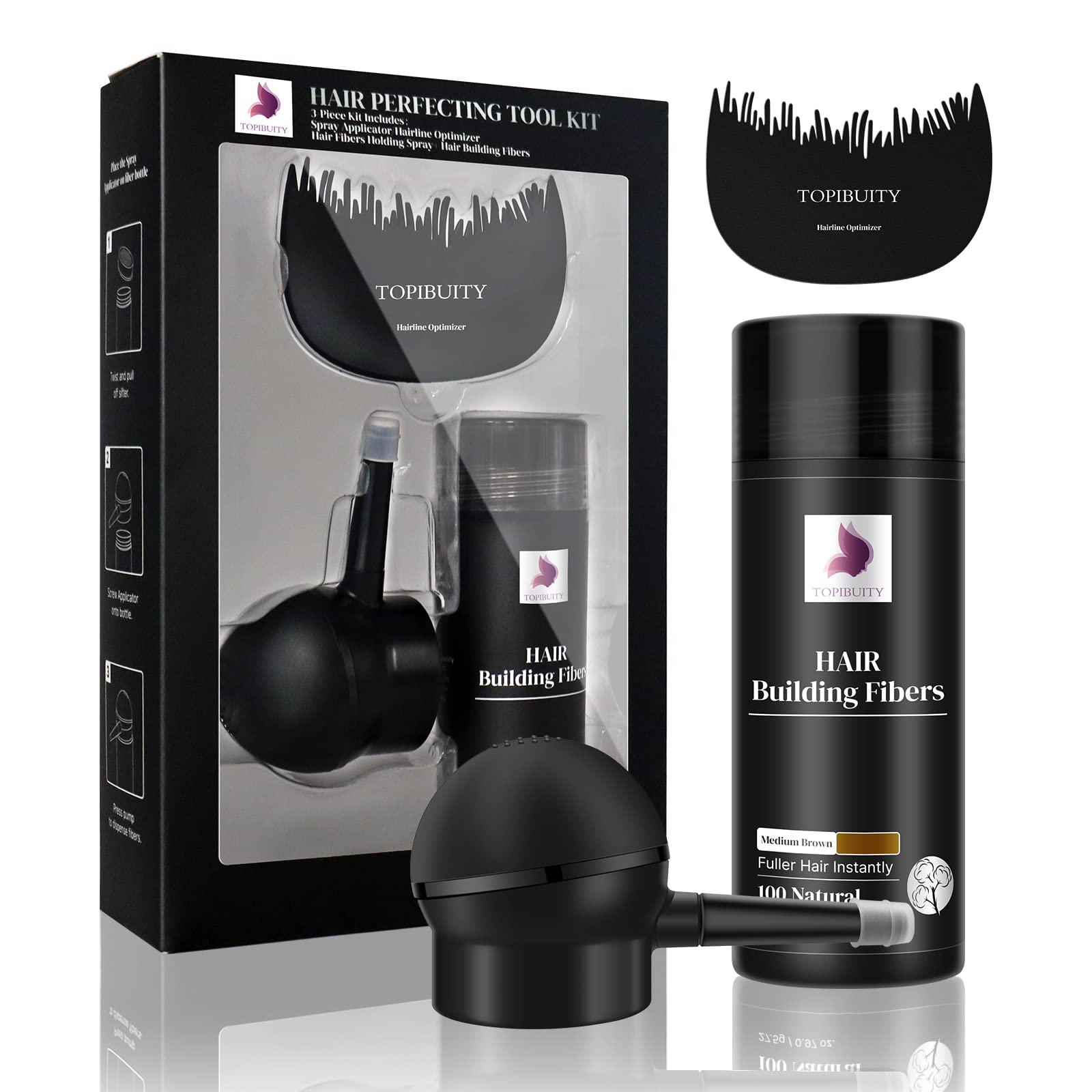 TOPIBUITY Hair Fibers & Applicator 3-in-1 Set - Natural Concealing Hair Thickening Fibers - Long-Lasting Spray with Accessory for Crisp Hairlines,