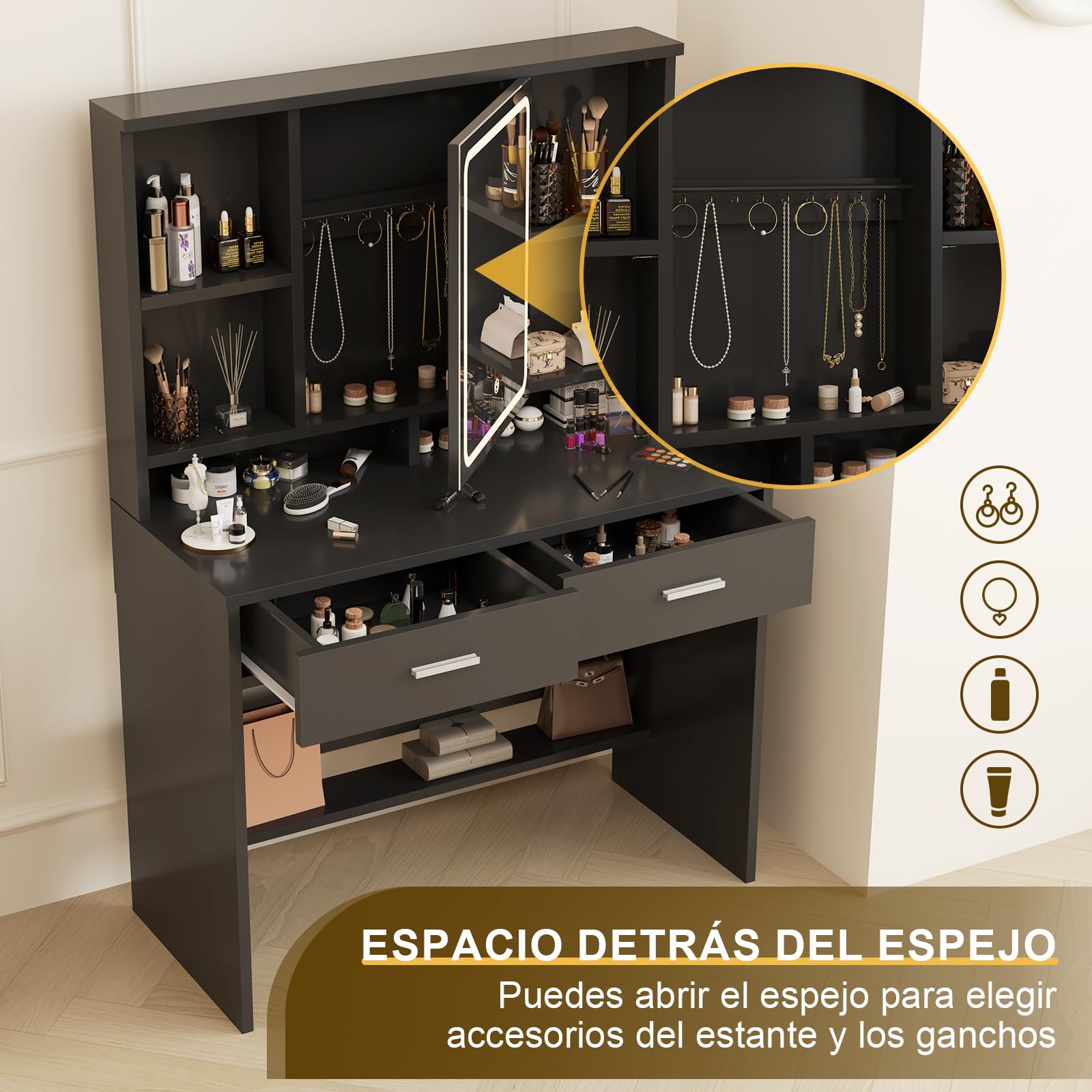 Airfish Tocador de Maquillaje con Espejo y Luces LED, 3 Colores Brillo Ajustable, Mesa de Maquillaje con Espacio para Joyas, Estantes Ajustables,9 Ganchos y 2 Cajones, 90x40x135,8 CM Moderno, Negro