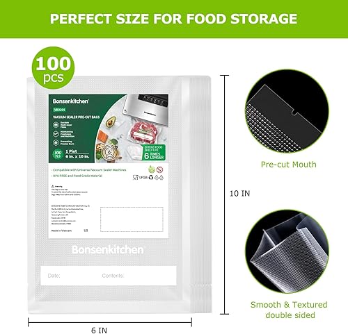 Miniatura 2 de Bonsenkitchen Precut Vacuum Food Sealer Bags 100 Pint 6" x 10", BPA Free, Commercial Grade Textured Food Vacuum Sealer Bag, Thick Embossed Bags for