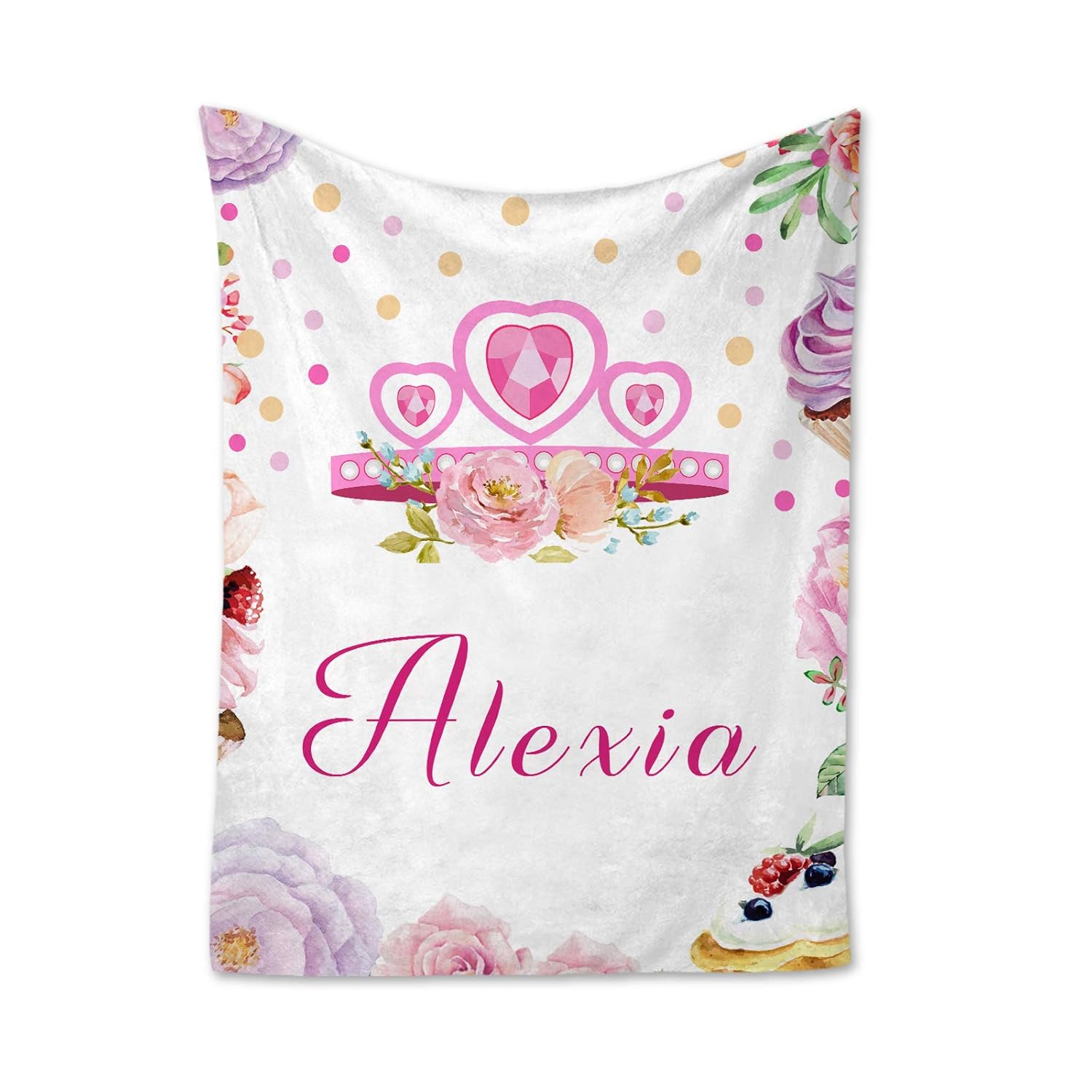 Pink Floral Crown Princess Girl Nursery Personalized Baby Kids Blanket with Name for Girls,Custom Throw Blanket Super Soft for Crib,Outdoor,Indoor