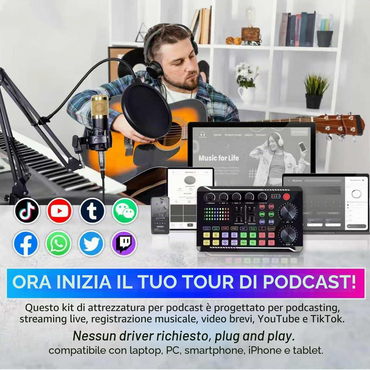 ALSO GO Set di attrezzature per podcast, microfono a condensatore BM800 e kit di schede audio dal vivo con supporto per treppiede, effetti mixer DJ e cambio vocale, perfetto per studi di registrazione