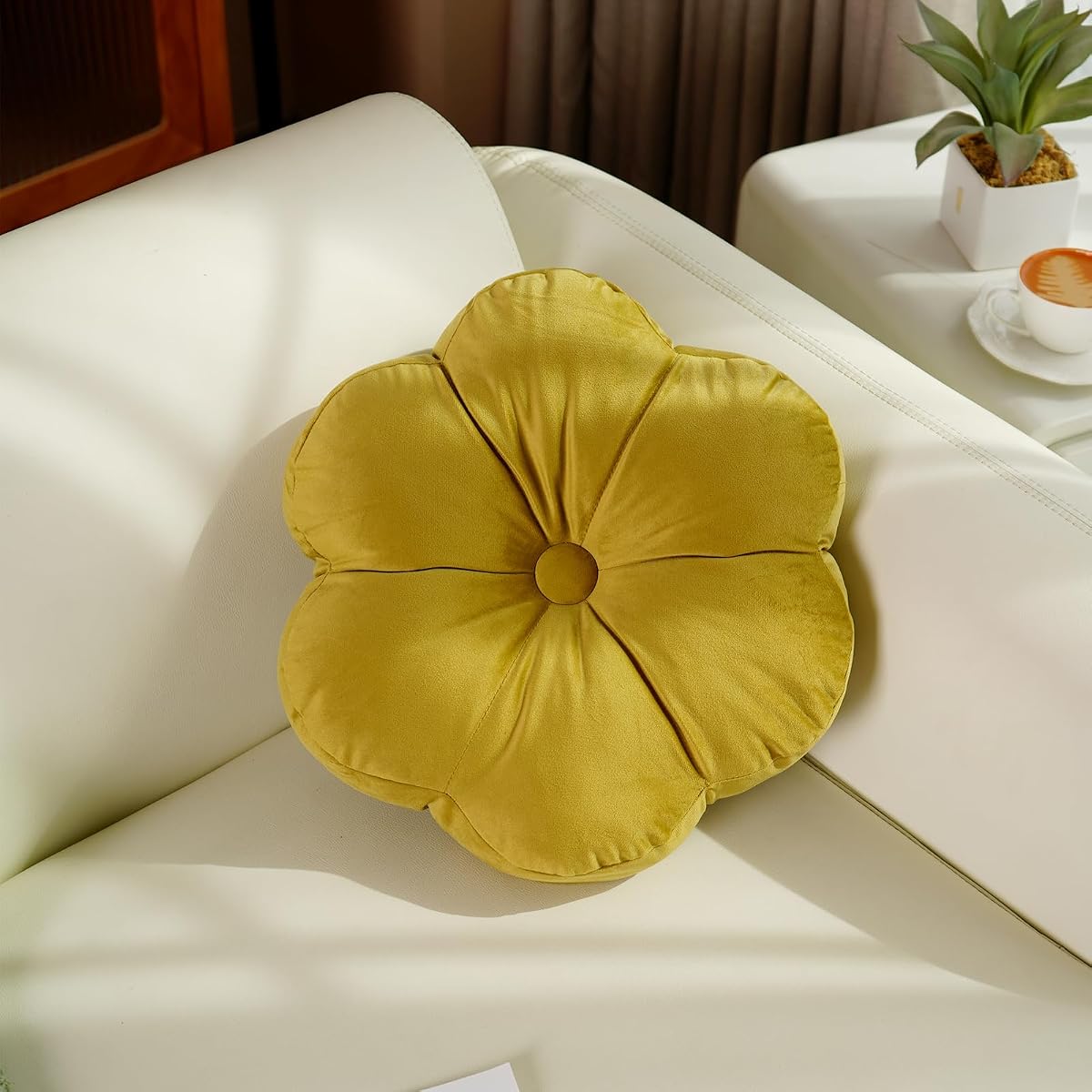 Almohada con forma de flor, almohadas lindas de terciopelo bohemio, Chartreuse
