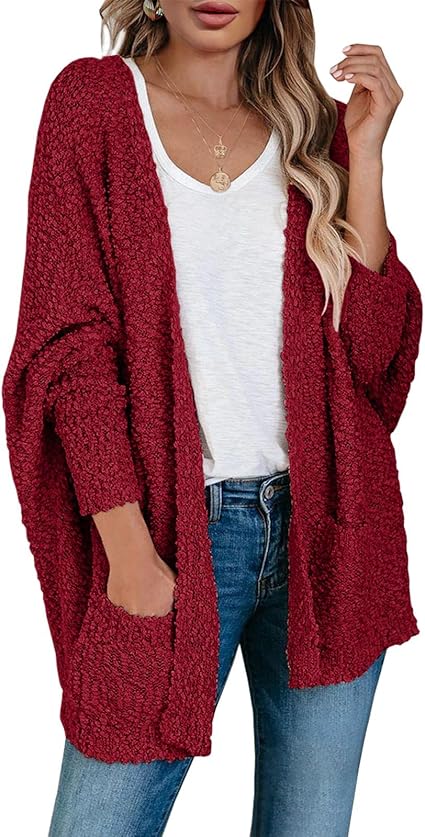 Saodimallsu Women's Chunky Popcorn Cardigan Oversized Open Front Boyfriend Batwing Long Sleeve Fuzzy Knit Sweaters