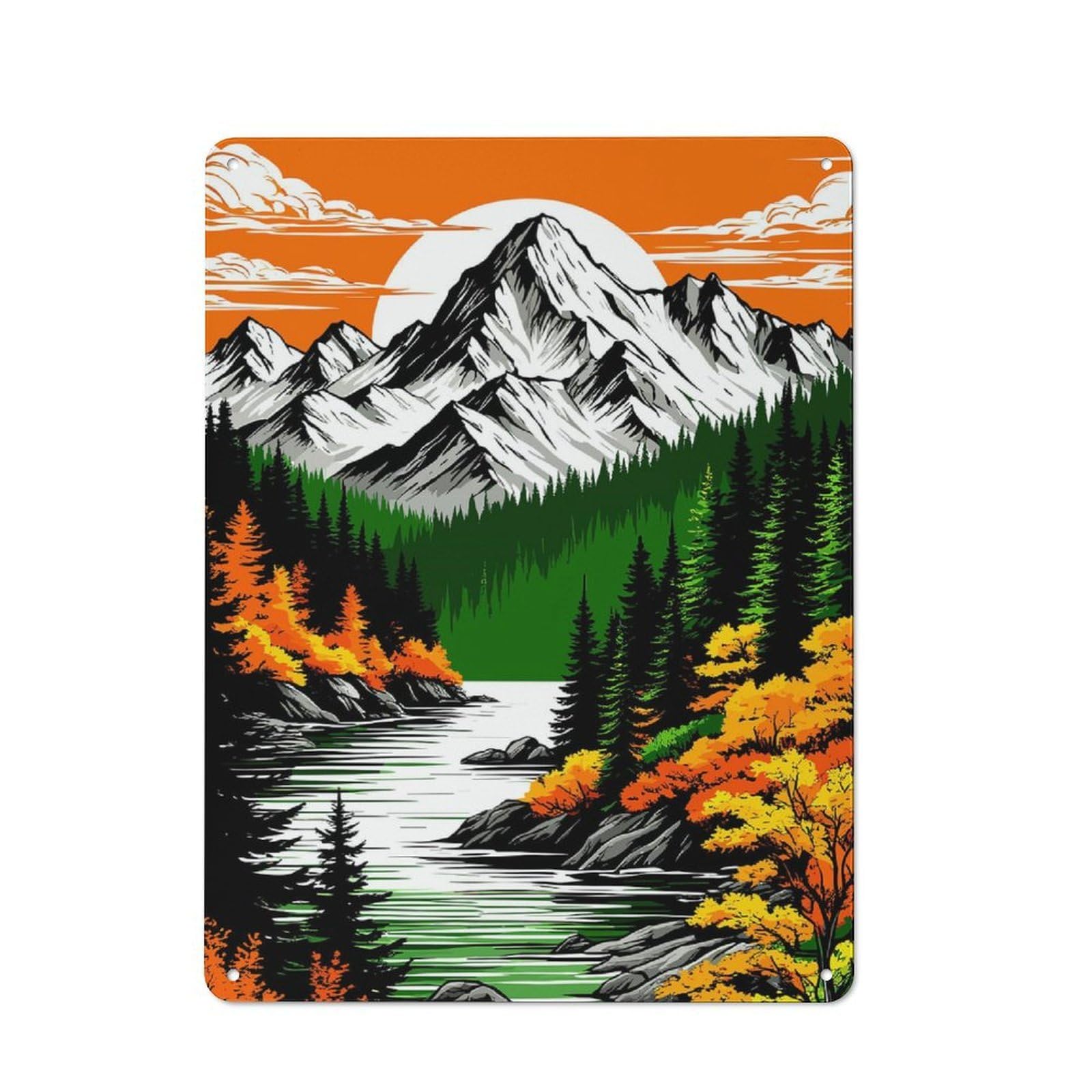 Junmoney Mountain Landscape With River And Forest Vintage Metal Sign 40X30cm For Café Or Restaurant, Suited To Restaurant Decor Fans