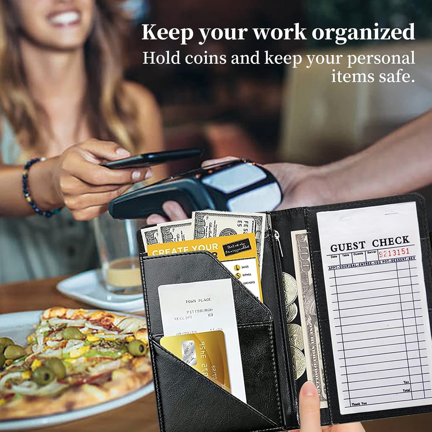 Rossy Server Books for Waitress PU Leather Waiter Book Server Wallet with Zipper Pocket Booklet Restaurant Waitstaff Organizer Guest Check Books Holder Fit Server Apron,Retro Audio Cassette