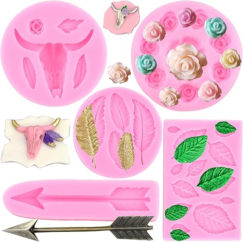 RFGHAC Moldes de silicona para cabeza de toro, flecha de plumas, molde de fondant de chocolate, molde de hojas de rosas para decoración de pasteles,