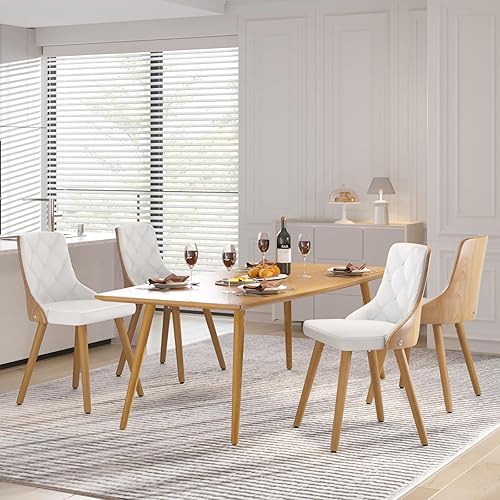 Aowos Juego de 4 sillas de comedor, modernas de mediados de siglo, tapizadas de piel sintética, con patas de madera de fresno, asientos cómodos para