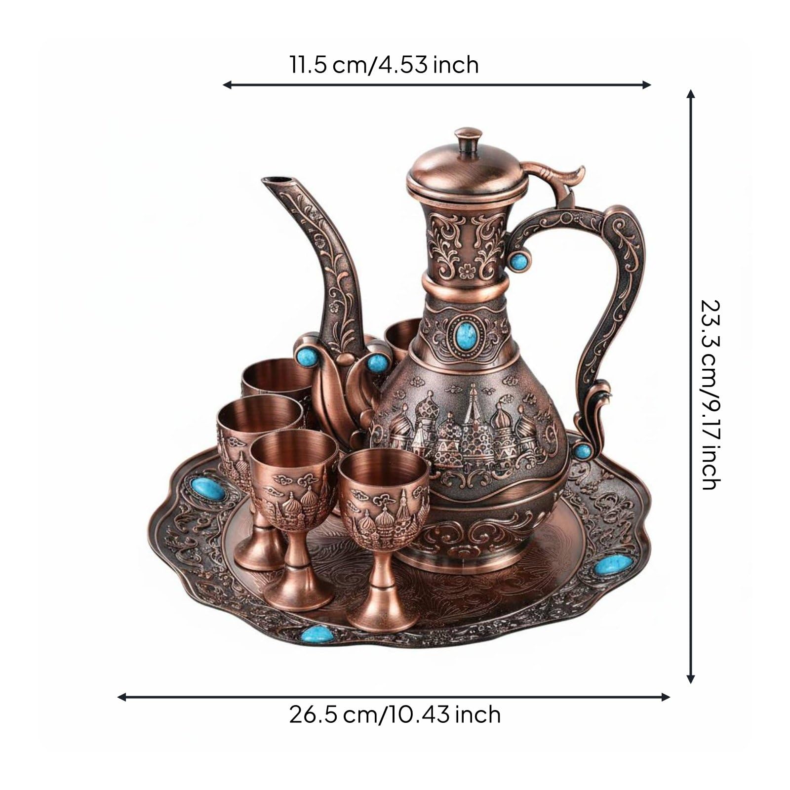 Qianly Bicchiere di Bronzo Set Vassoio Caraffa Bicchieri Calici Set per in Lega di Zinco con Accenti Profondi E Aspetto d'Epoca per Esposizione Elegante E, Antique Copper