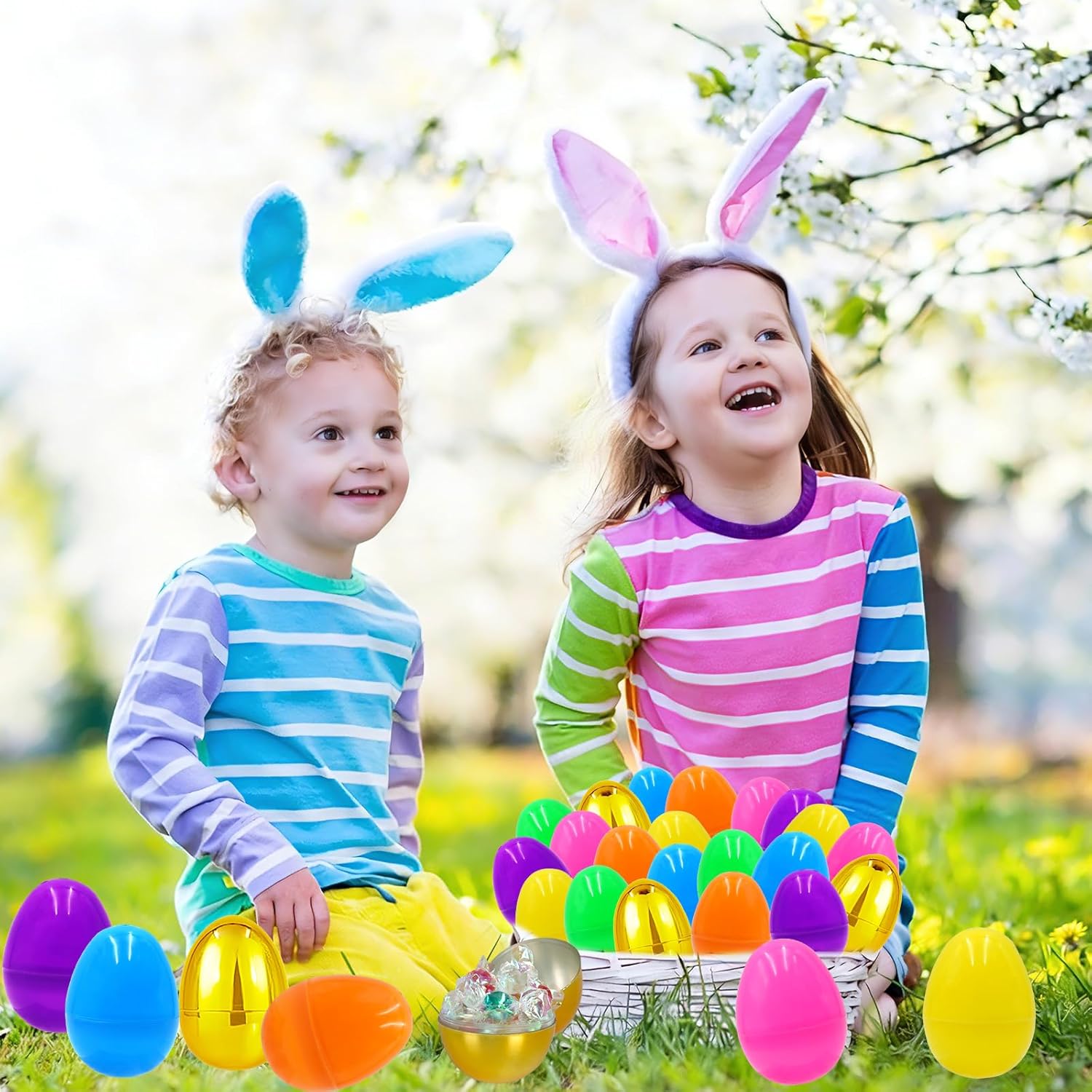 200 PCS Easter Eggs，Plastic 3" Bright Colorful Eggs with Golden Eggs, Easter Egg Fillers for Easter Egg Hunt, Candy Filling, Party Decorations and Kids Gifts