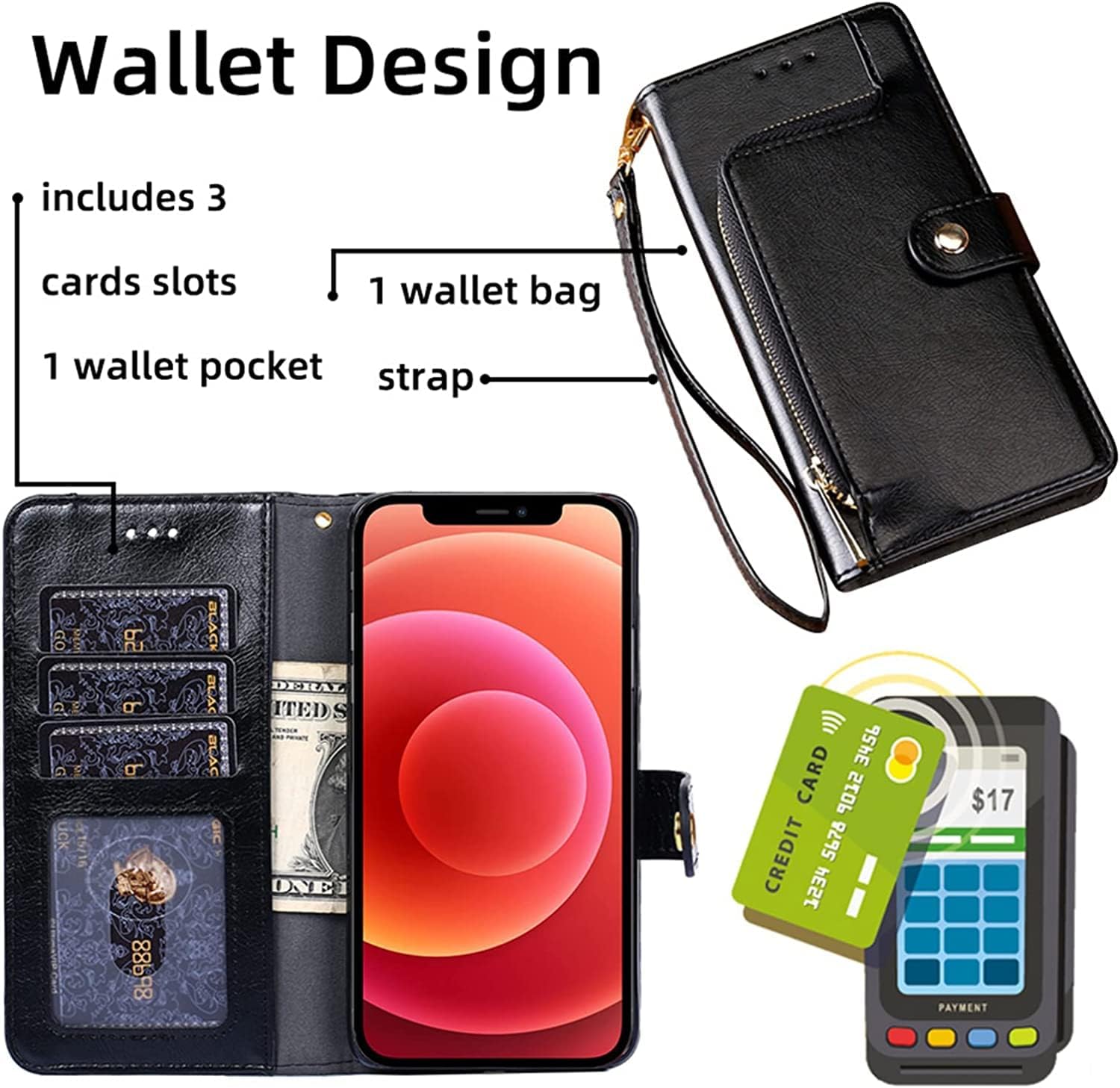 Wallet Case for iPhone 13 Pro Max/13 Pro/13, Premium PU Leather Magnetic Closure Folio Flip Cover with Kickstand and Card Slots Phone Cases Cover (Color : Red, Size : 13 Pro 6.1")