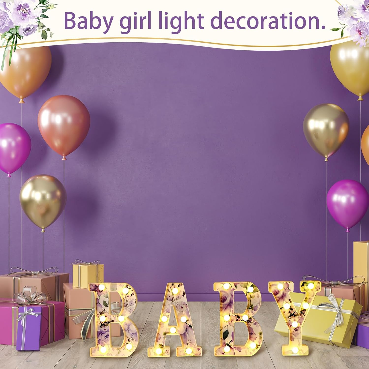 Realspring Woodland Greenery Centerpieces Baby Marquee Light up Sign Letters 8.15'' Baby Shower Letter Battery Operated Gender Reveal Birthday Party Decor for Home Table(Purple)