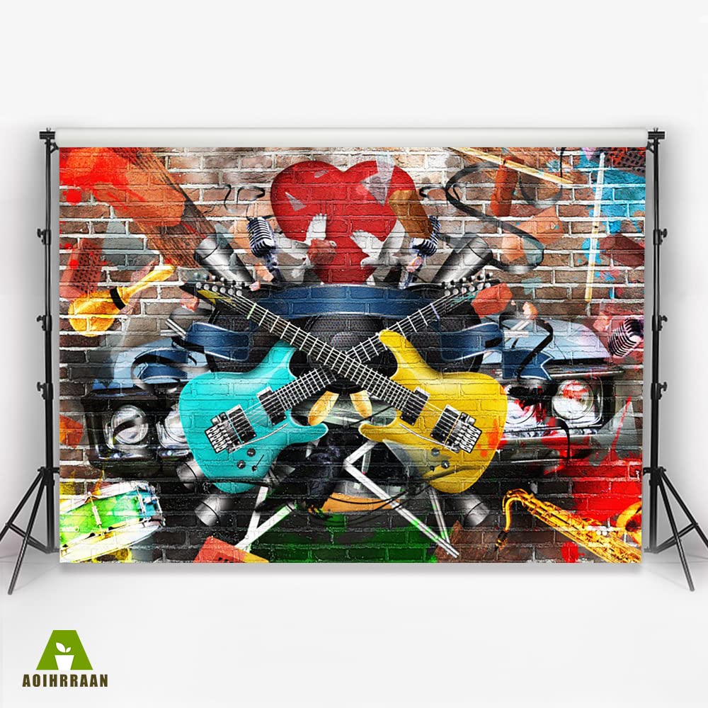 Aoihrraan 3,5x2,5m Musica Rock Sfondo 3D Vintage Graffiti Rock Chitarra Grunge Muro di Mattoni Fotografia Sfondo Scena Concerto Tema Bar Carta da Parati Ragazzo Ragazza Hip Pop Festa Puntelli Foto