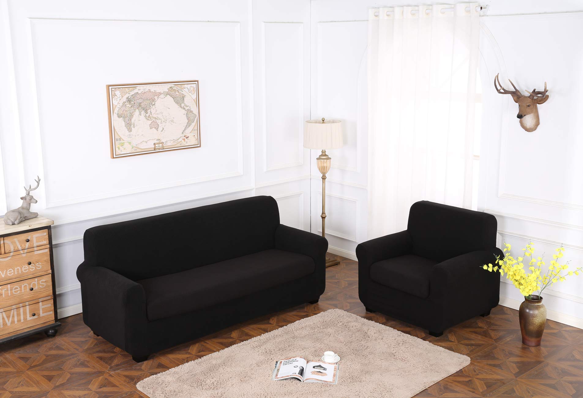 TIANSHU Fodera per Poltrona, Copri Poltrona 3 Posti Elasticizzato Jacquard Antiscivolo Copertura Poltrona Fodere Copridivani Contiene 1 copridivano e 1 coprisedile divano (3 Posti, Nero)