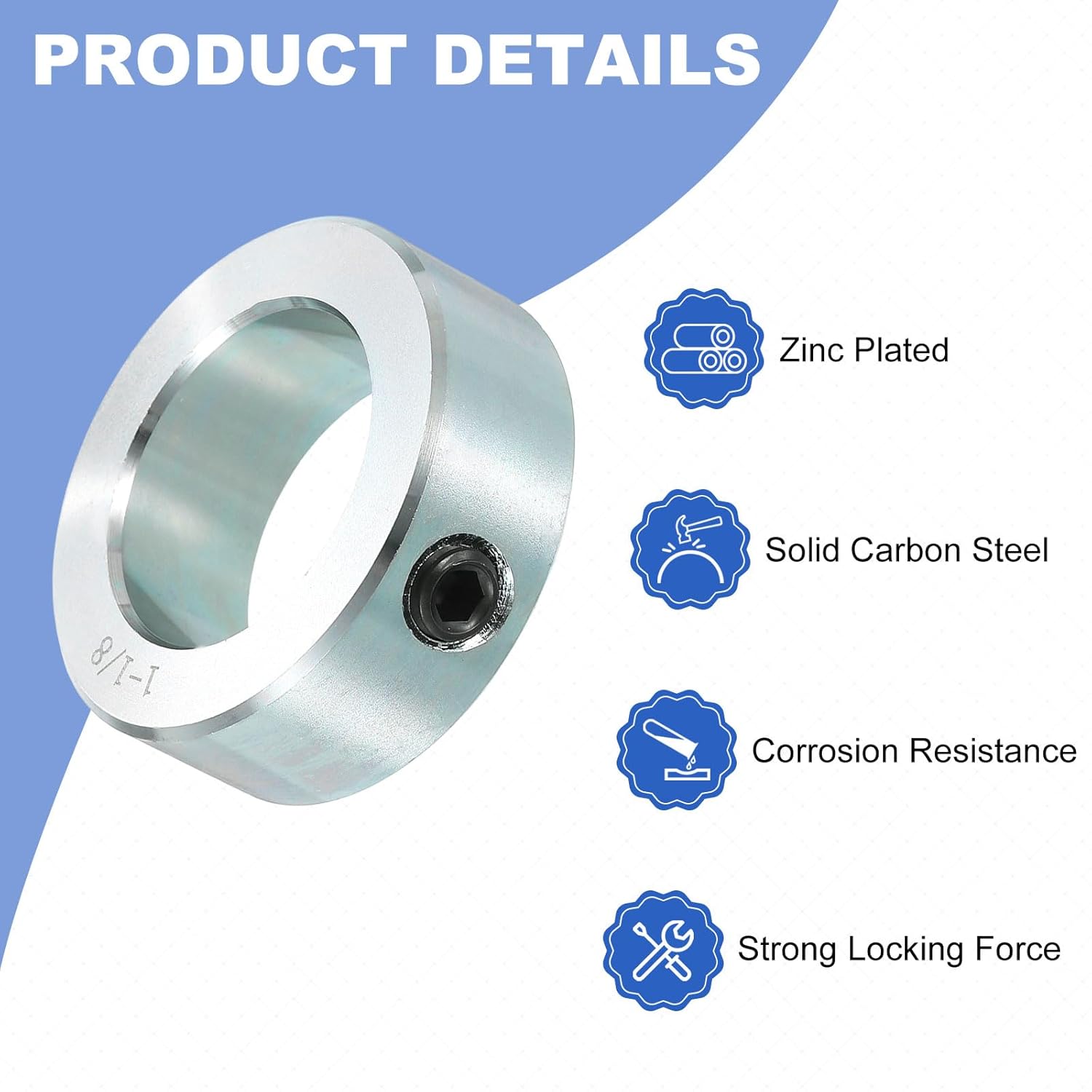 uxcell 8pcs Set Screw Collars 1-1/8" Bore Carbon Steel Shaft Collars, 1-3/4" OD, 5/8" Width Lock Axle Collar Clamp for Linear Rod Shaft Guide