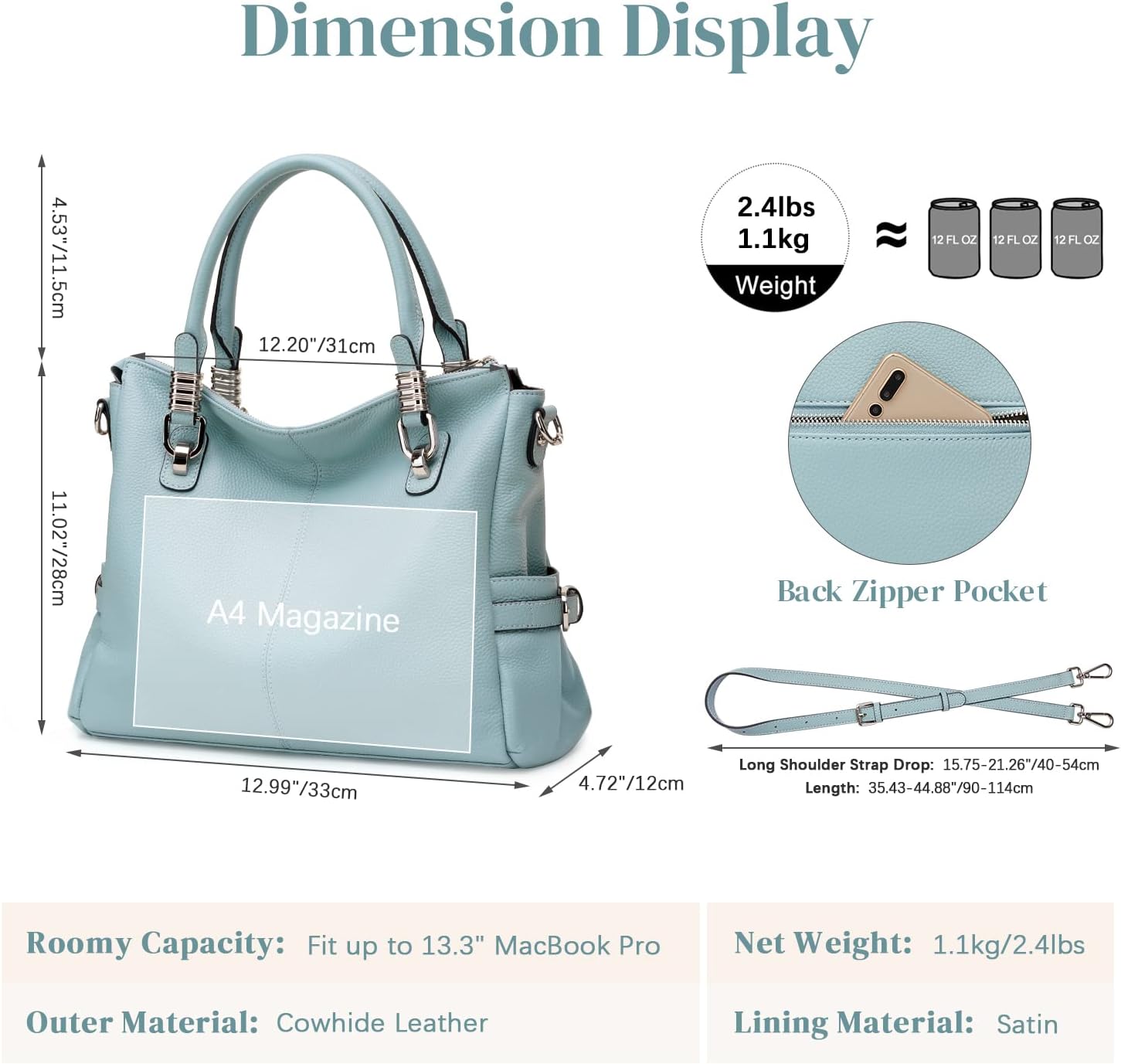 S-ZONE Women Genuine Leather Handbag Shoulder Purse Satchel Tote Crossbody Bag - Image 3