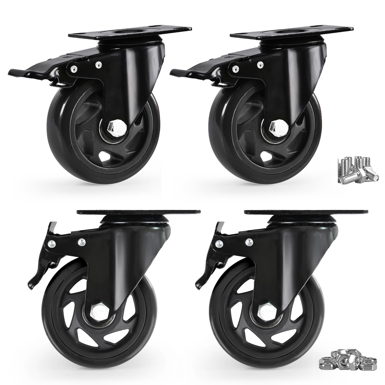 Caster Wheels, Heavy Duty 4 Inch Casters Set of 4, Locking Swivel Casters Wheels for Cart, Furniture and Workbench, Black