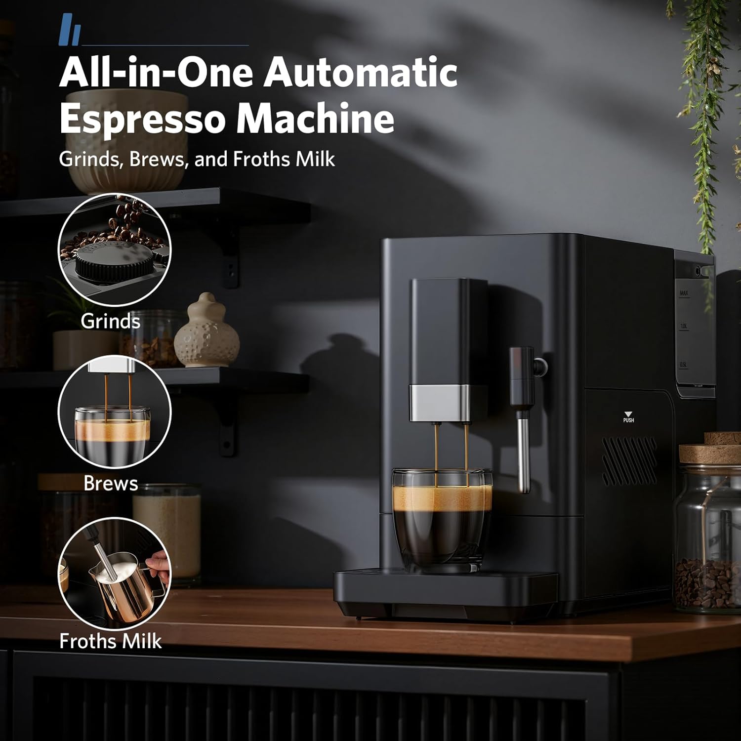 Automatic Espresso Machine with Grinder, 20 Bar Coffee Maker with Milk Frother, Adjustable Grinding Coffee Machine for Cappuccino & Latte, Touch Control & Auto Self-Cleaning