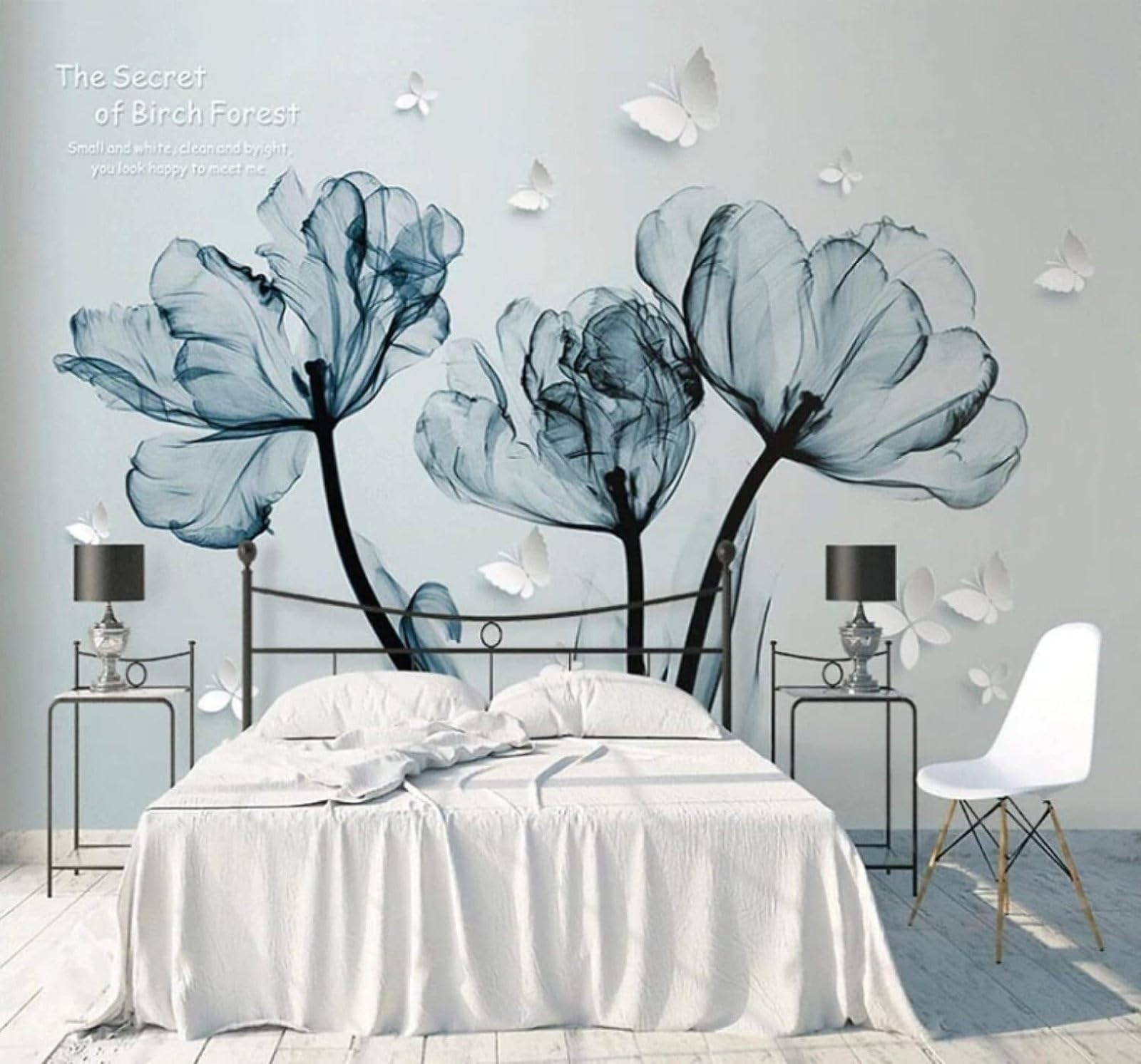 Wallpaper-3D-Xlm 300Cm×210Cm(B×H) Minimalist Three Dimensional Blue Flowers Butterflies 3D Wallpaper Easy Install Feature Office Living Room Sofa Bedroom Tv Background Wall Decoration-300Cm×210Cm
