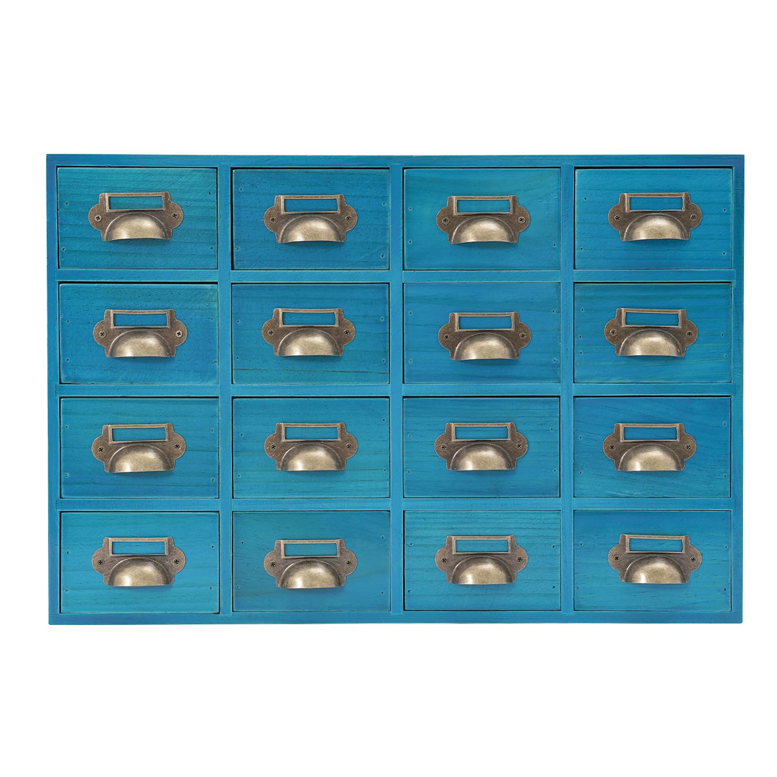 16-Fächer Aufbewahrungsschrank aus Massivholz & Metall | 10kg Tragkraft, 35cm Höhe, Platzsparend | Vintage Design mit Griffen, Keine Montage | für Büro/Zuhause (Blau)