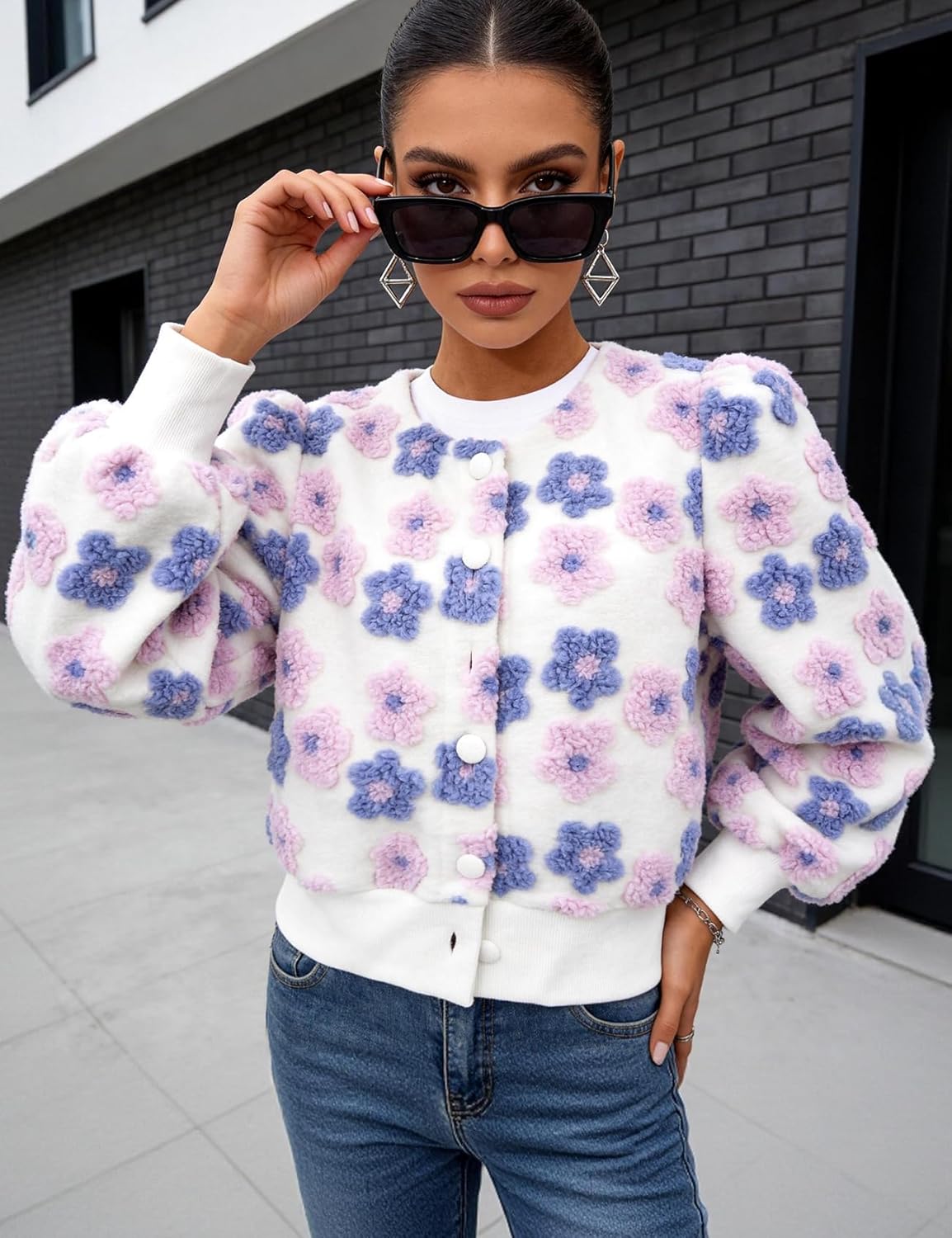 Flygo Women's Cropped Floral Print Bomber Jacket Warm Fleece Varsity Jacket Casual Button Down Puff Sleeve Coat Outerwear - Image 2