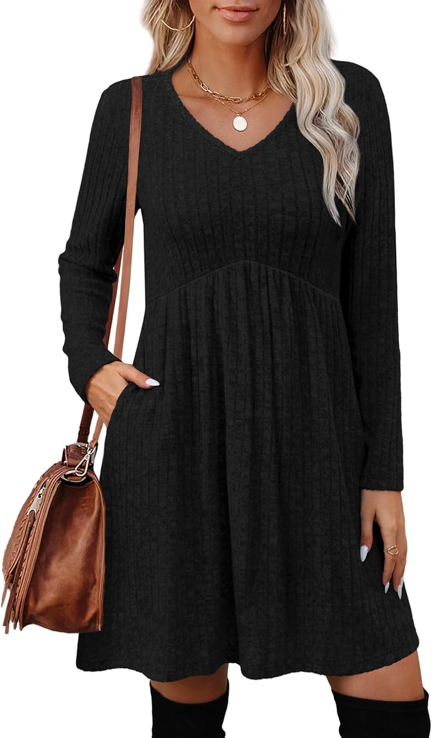 OFEEFAN Long Sleeve Sweater Dress Fall Dresses 2025 V Neck Empire Waist Baby Doll Dresses Women Casual Dress with Pockets - Image 2