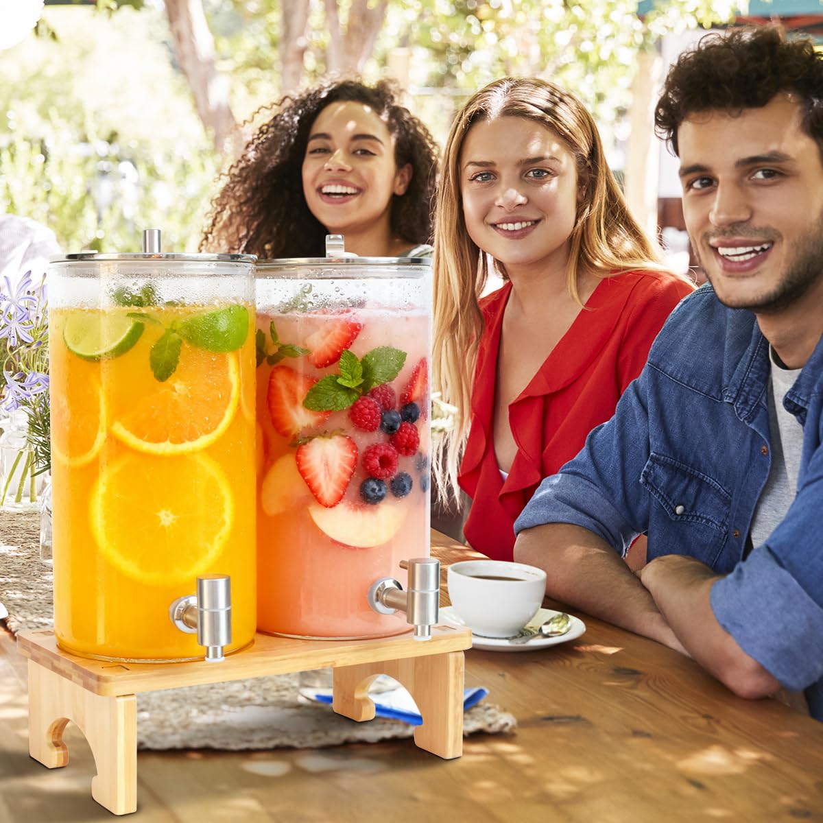 2 dispenser per bevande da 6 l con supporto, dispenser in vetro con rubinetto in acciaio inox massiccio per succhi ghiacciati, acqua, bevande fatte in casa, feste, matrimoni