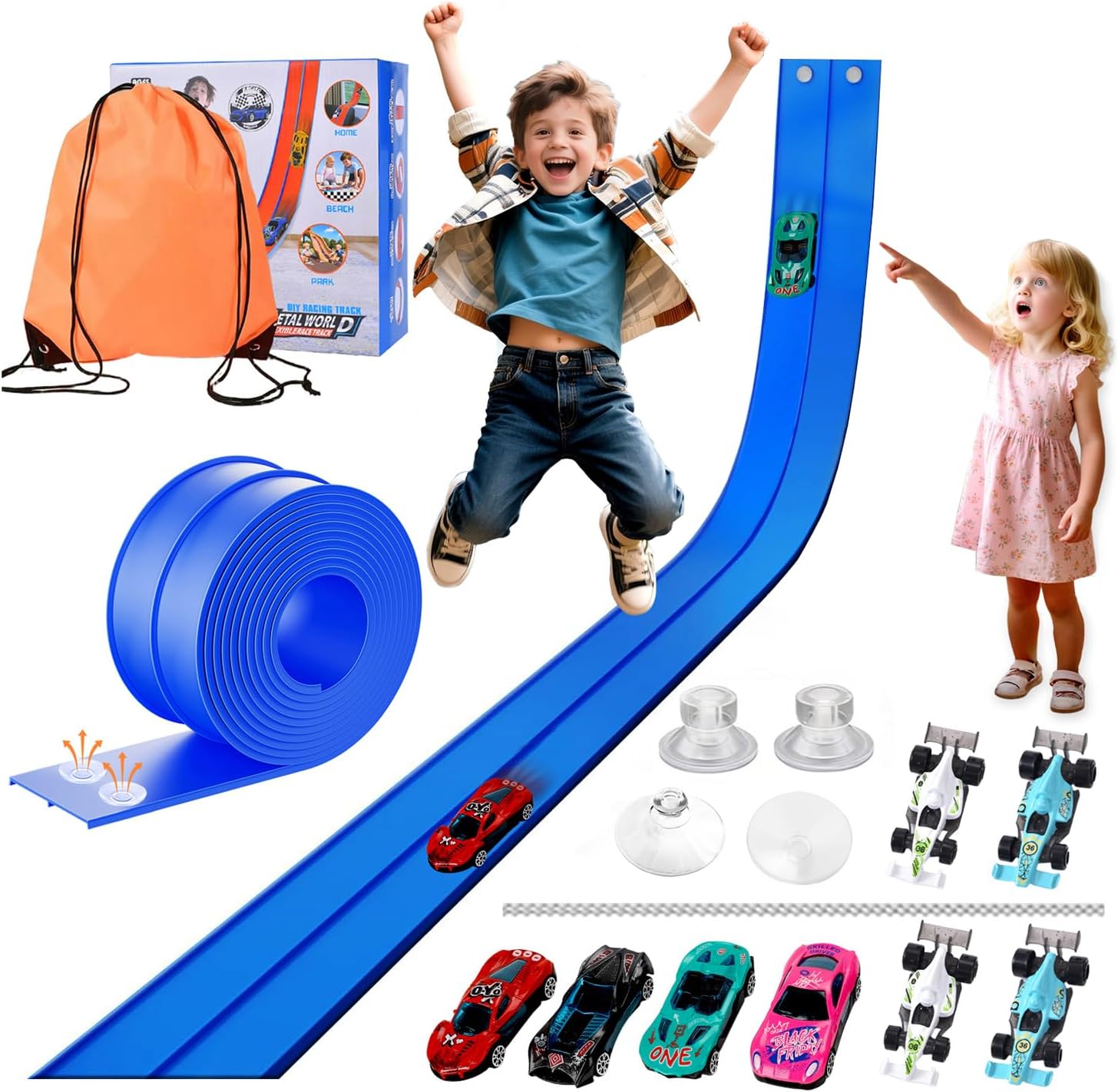 Flexible Car Track for Kids: 15 Ft of Portable Roll-Up DIY Flexible Race Track with 8 Cars & 4 Strong Suction Cups Car Ramp Toy Track, – A Great Birthday for Boys & Girls Ages 3+ (Blue)