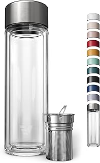 Glass Multi Tea Infuser Bottle 14oz - Double Wall Borosilicate Glass Flask | No Plastic Touches Contents | Perfect for Office or Home - Stainless