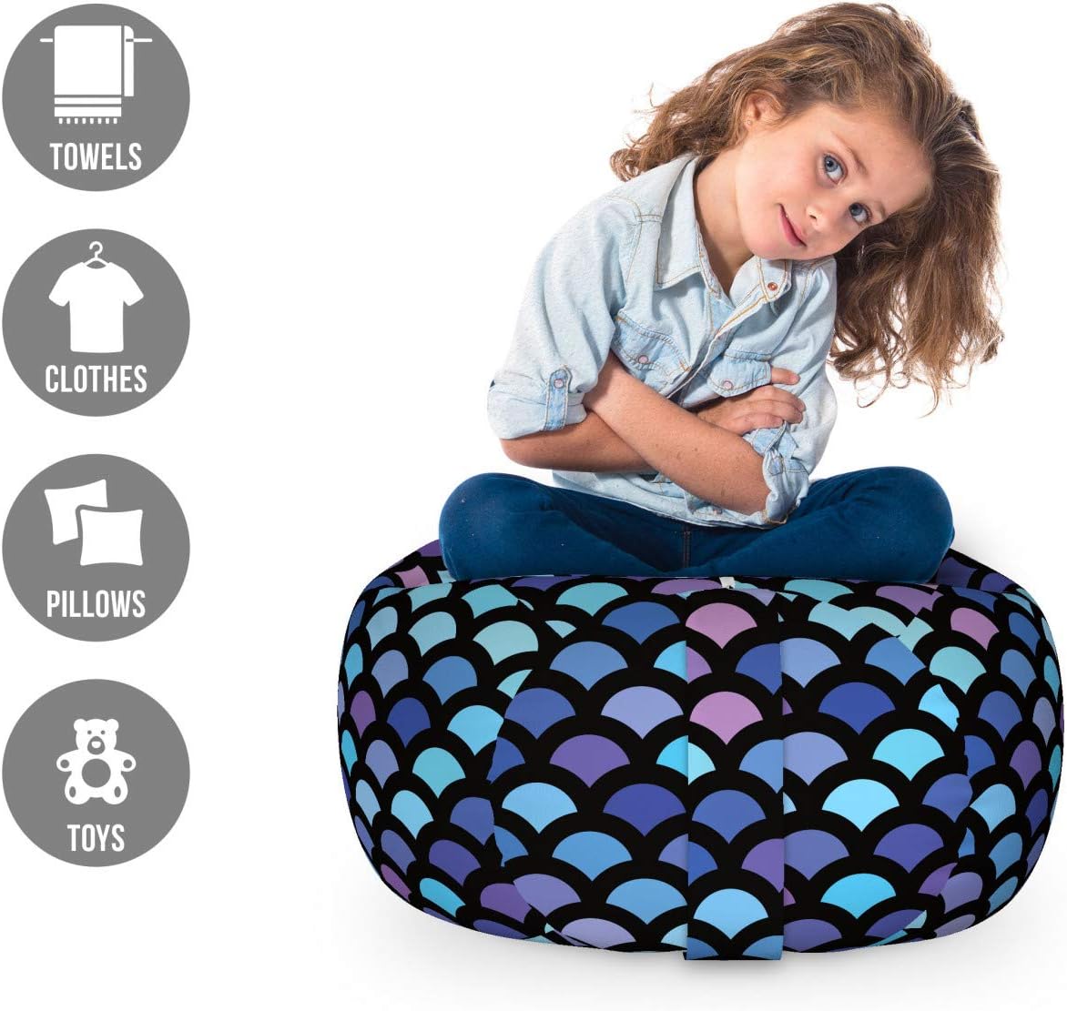 Lunarable Mermaid Scale Storage Toy Bag Chair, Continuous Japanese Circular Pattern Overlap Rounds in Aqua Color Palette, Stuffed Animal Organizer Washable Bag, Small Size, Blue Purple