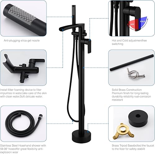 Miniatura 5 de TapLong Juego de grifo de bañera independiente en cascada de una sola manija para montaje en el suelo con ducha de mano, alto caudal máximo 6 GPM,