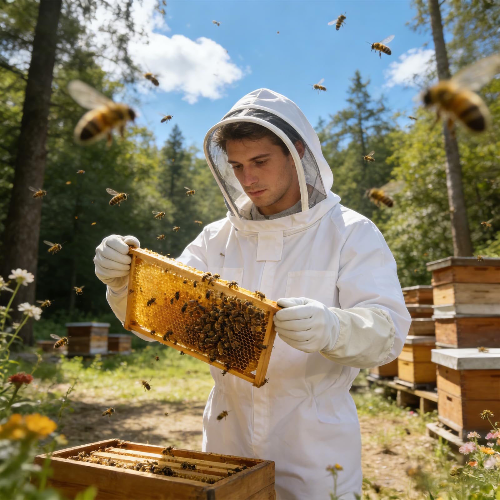 Combinaison d'apiculture - Vêtement de protection complet avec voile, capuche, gants, protection pour le jardin et l'apiculture (XXL)