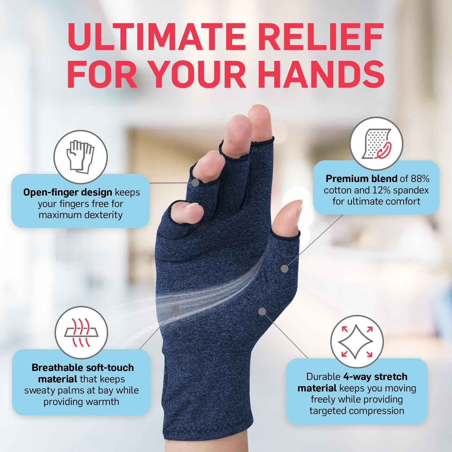 Dr. Arthritis Essentials Open-Fingertip Arthritis Gloves, Compression Gloves for Carpal Tunnel & Raynaud's, Hand Brace (Navy, Medium) Medium Navy (1 Pair) image 3 of 7 B0DF3W8DY7