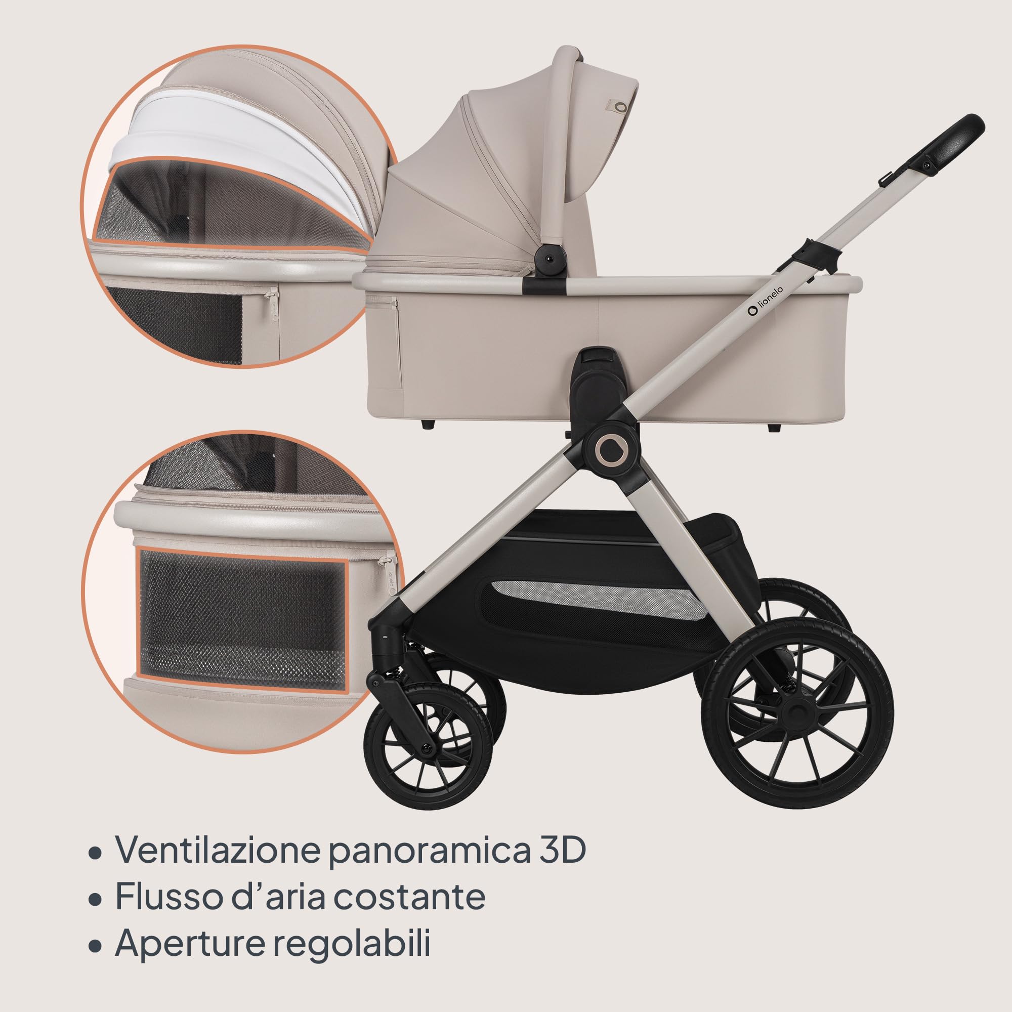 LIONELO LAYLA - Passeggino 3 in 1, 0-48 mesi fino a 22 kg Navicella fino a 9 kg, regolazione dello schienale e dei piedi, AiryDots, ruote in PU girevoli a 360 ° Ammortizzazione totale Booth XXL