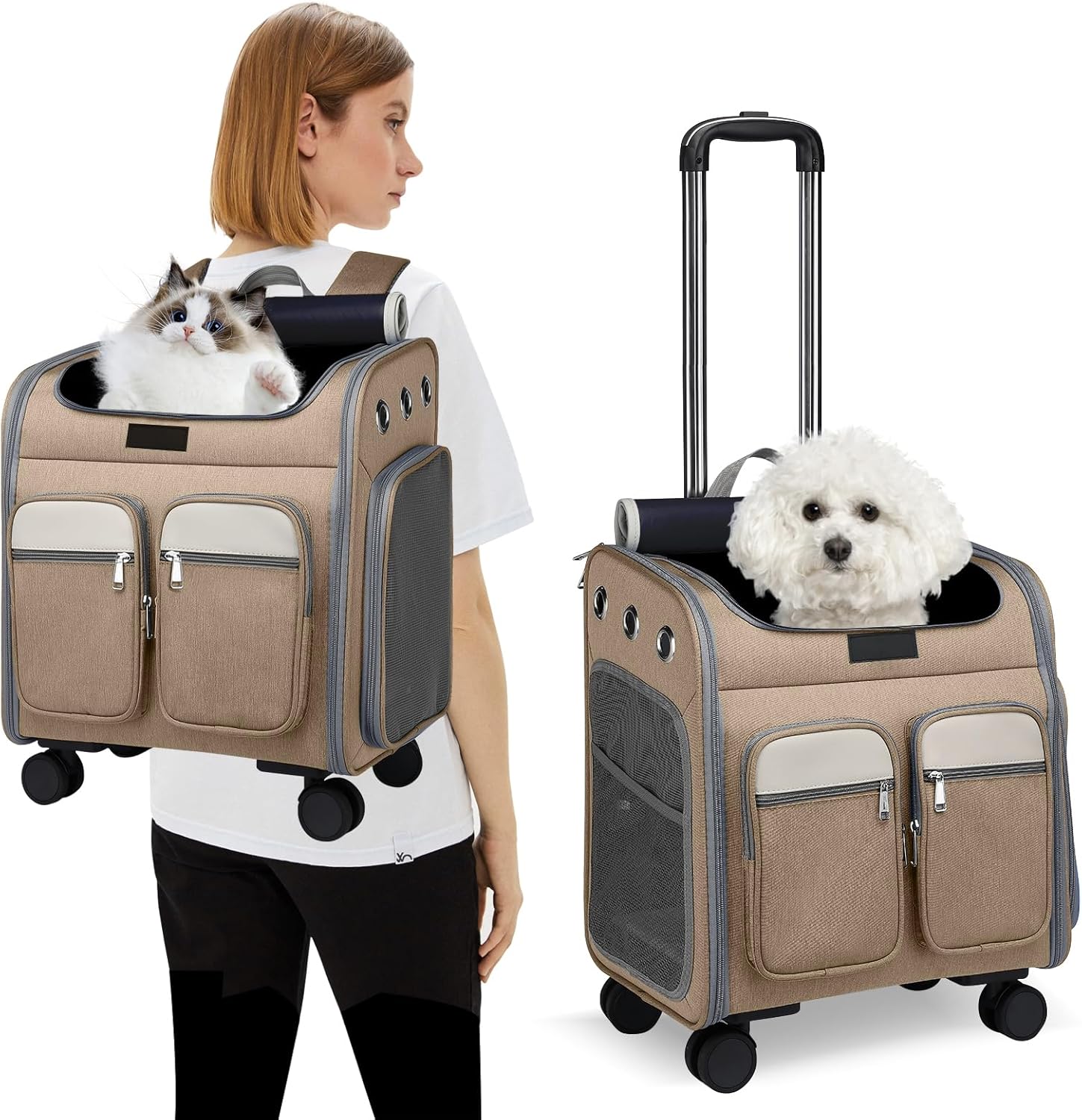 Cat Carrier Backpack with Wheels,Foldable Pet Rolling Carrier Backpack for Small Dogs Medium Cats Fit up 24lbs with Removable Mat,Airline Approved Puppies Backpack with Storage Pockets