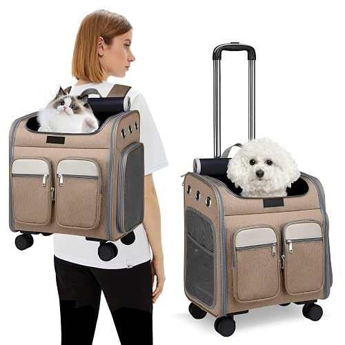 PETCUTE Mochila con Ruedas para Mascotas,Mochila Plegable para Gatos Grandes y Perros Pequeños con Asa…