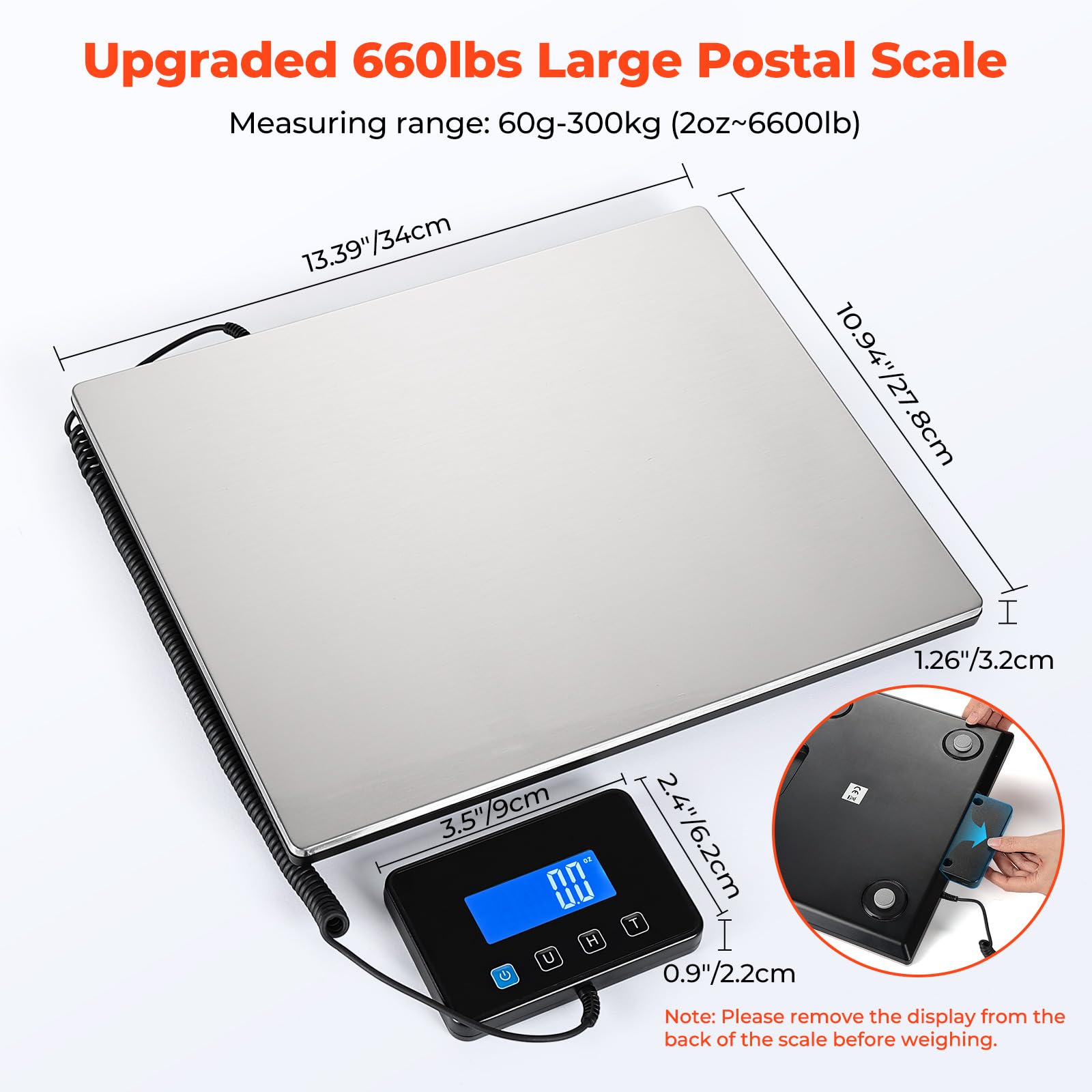 Balanza postal MUNBYN, 300kg/660lb Alta precisión, Horario encendido/apagado personalizable, Para paquetes, equipaje y almacenes, 2 pilas AAA, tornillos, cable Type-C