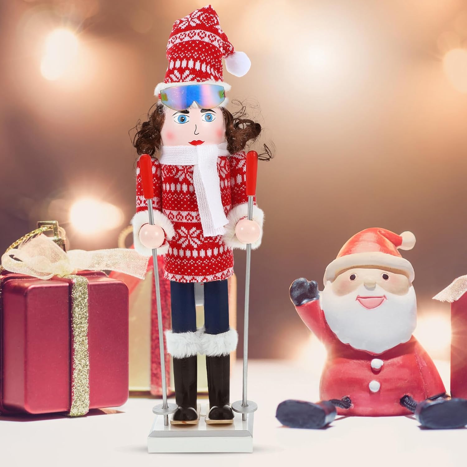 Wooden Nutcracker Figurine with White Scarf, 38cm Christmas Nutcracker Puppet Figure, Skier Girl Desktop Decor for Holiday Seasonal Display